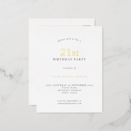 Minimalist 21st Birthday Party White Glam Real Foil Invitation Postcard
