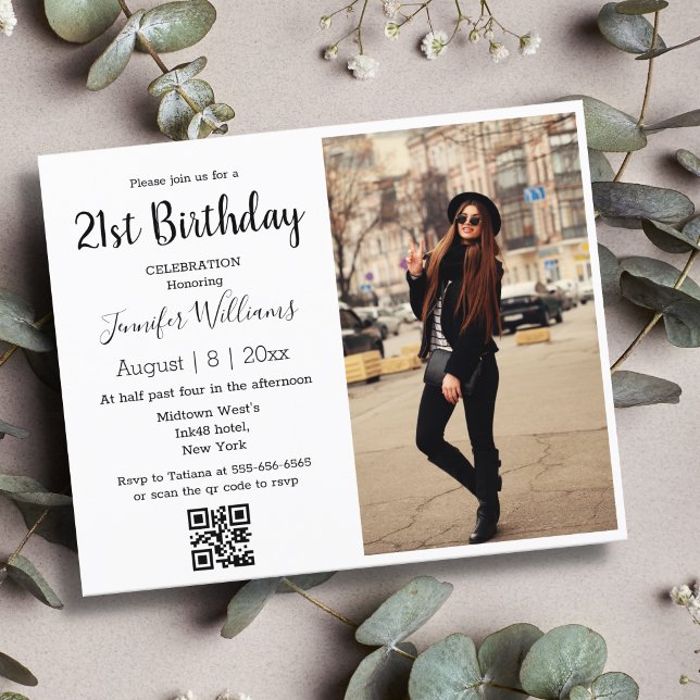 minimalist 21st birthday photo qr code invitation 