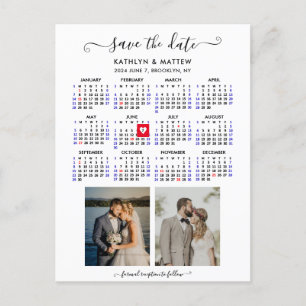 Minimalist 2 Photo 2024 Calendar Save the Date Announcement Postcard