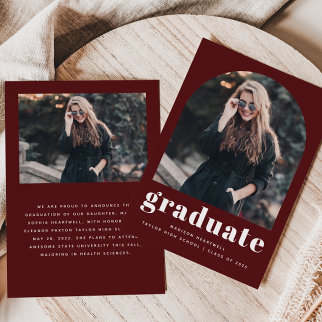 Minimalist 2-Photo Arch Burgundy Graduation Announcement (Creator Uploaded)