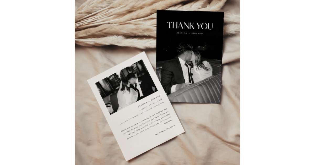 Minimalist 2-Photo Black & White Custom Wedding Thank You Card | Zazzle