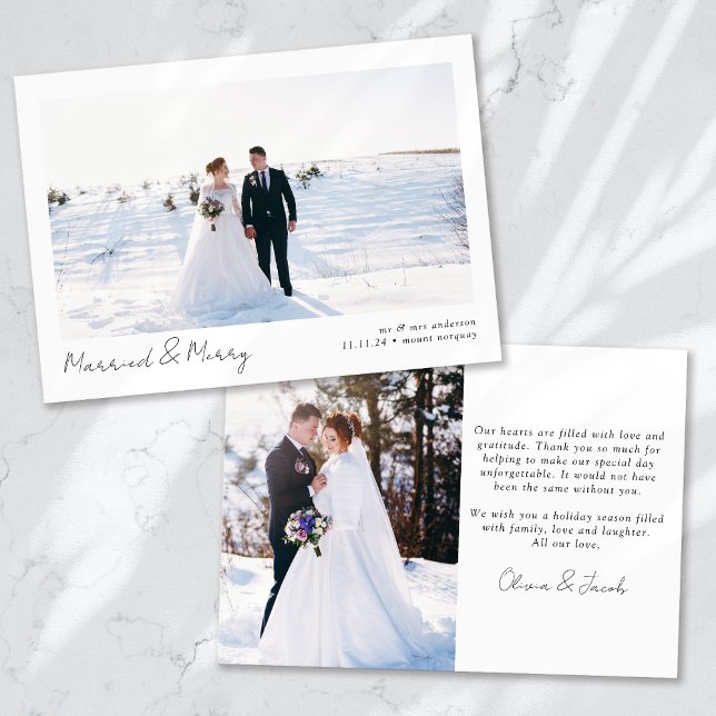 Minimalist 2 Photo Calligraphy Married & Merry  Holiday Card (Creator Uploaded)