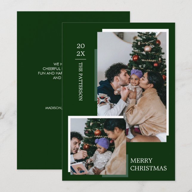 Minimalist 2 Photo Dark Green Christmas Holiday Card (Front/Back)