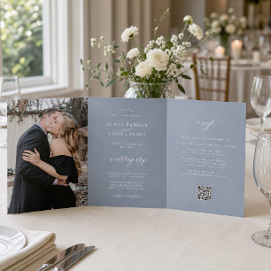 Minimalist 2 photo dusty blue wedding RSVP QR Tri-Fold Invitation