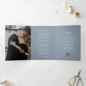 Minimalist 2 photo dusty blue wedding RSVP QR Tri-Fold Invitation