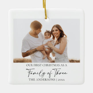 Minimalist 2 Photo First Christmas Family of Three Ceramic Ornament