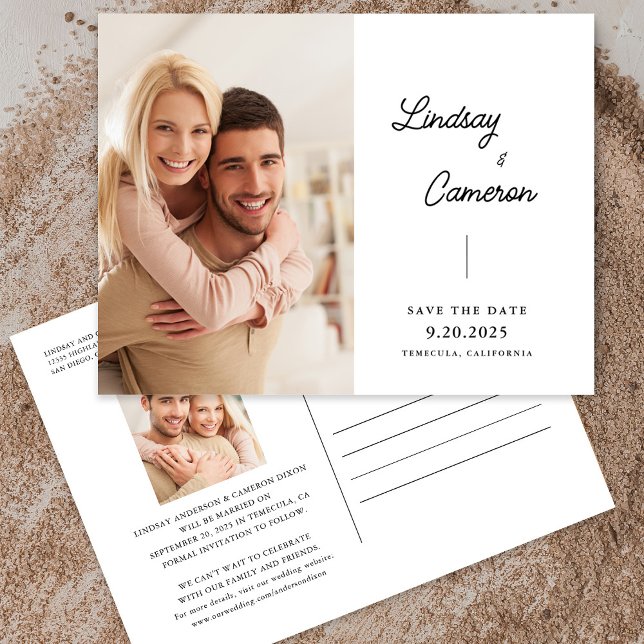 Minimalist 2 Photo Modern Script Save The Date Postcard (Creator Uploaded)