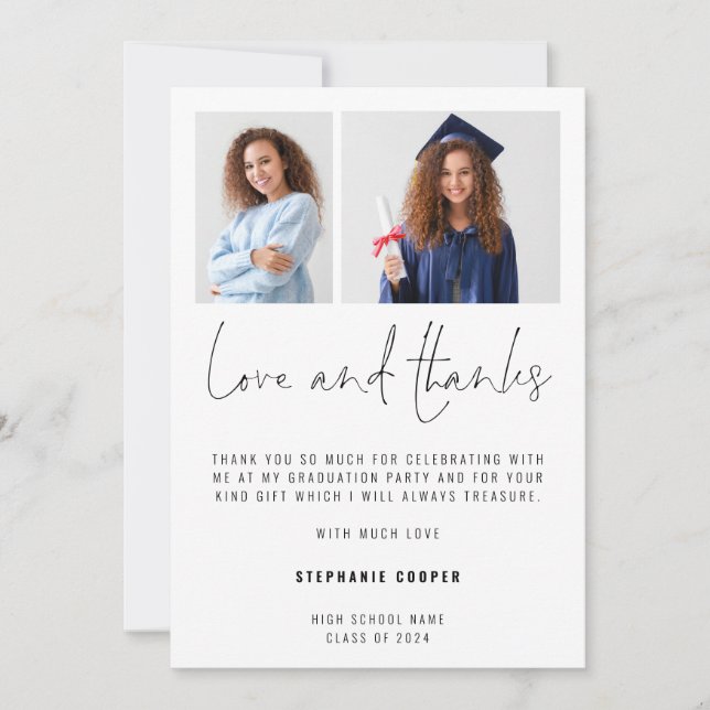 Minimalist 2 Photo Script 2024 Graduation  Thank You Card (Front)
