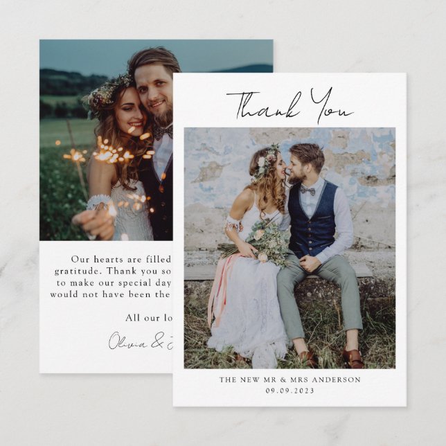 Minimalist 2 Photo Wedding  Thank You Card (Front/Back)