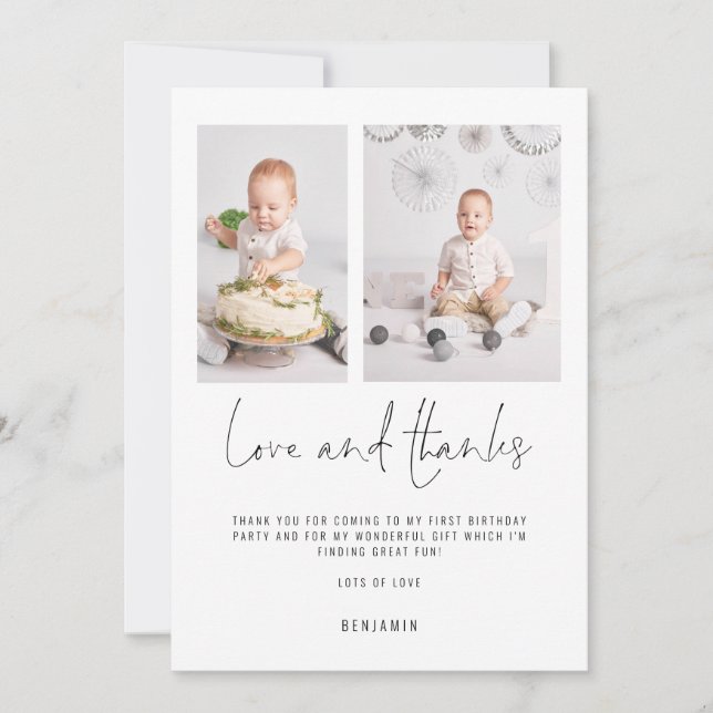 Minimalist 2 Photos 1st Birthday Love and Thanks Card (Front)