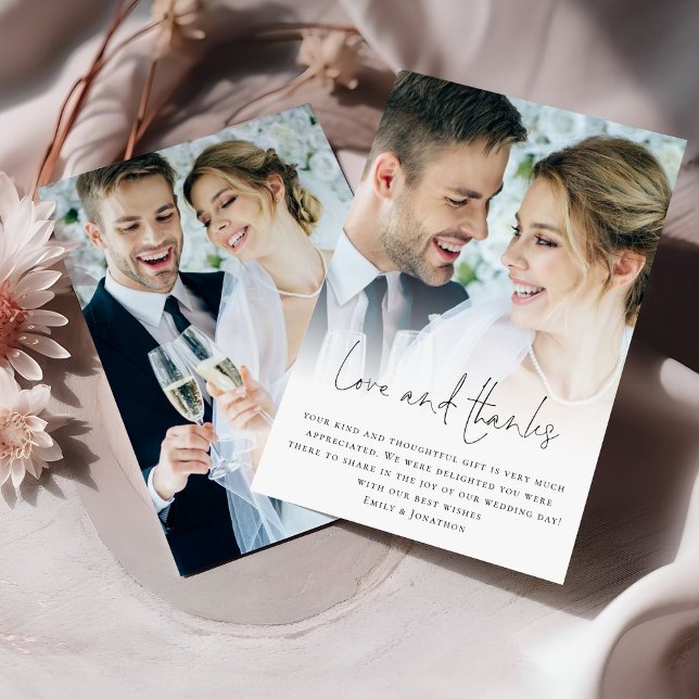 Minimalist 2 Photos Love Thanks Wedding Thank You Card (Front and back view)
