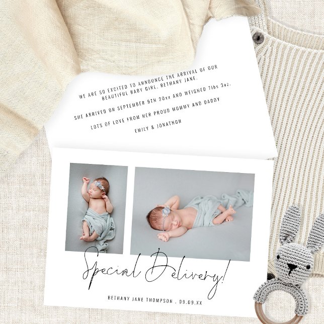 Minimalist 2 Photos Special Delivery Script Birth Announcement (Creator Uploaded)