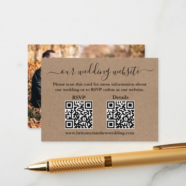 Minimalist 2 QR Photo Kraft Wedding RSVP Details Enclosure Card (Front/Back In Situ)