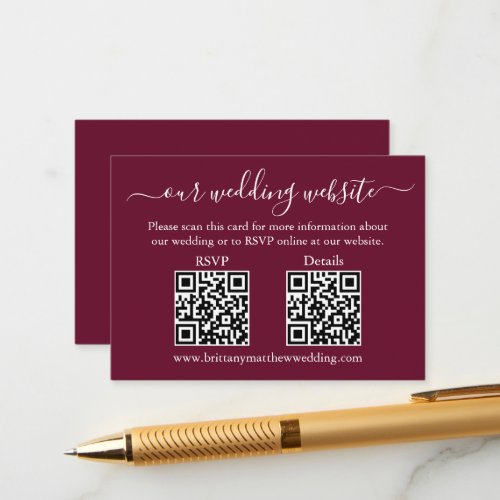 Minimalist 2 QR Wedding RSVP Details Burgundy Enclosure Card