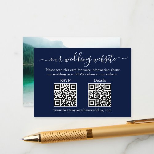 Minimalist 2 QR Wedding RSVP Details Photo Blue Enclosure Card