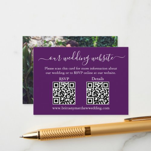 Minimalist 2 QR Wedding RSVP Details Photo Purple Enclosure Card