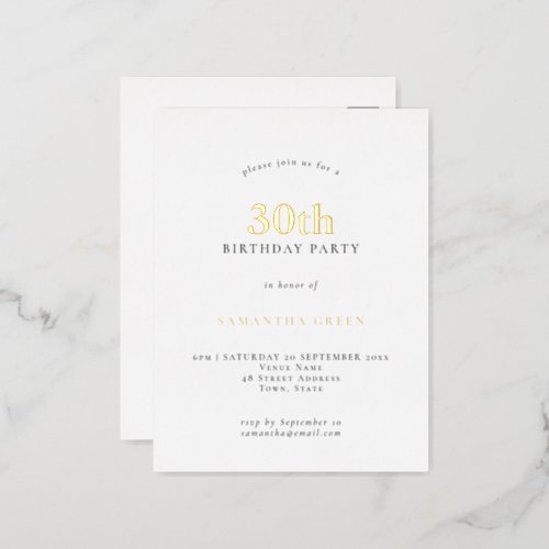 Minimalist 30th Birthday Party Glam Real  Foil Invitation Postcard