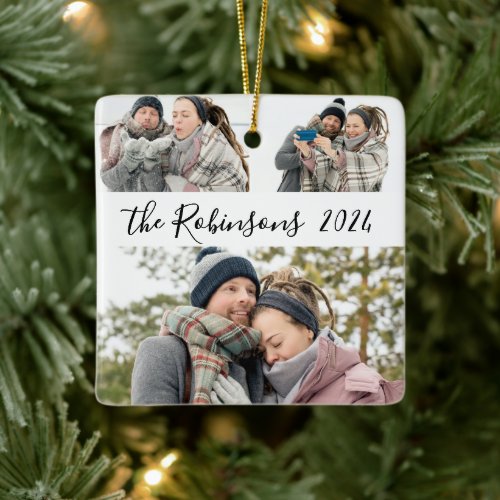 Minimalist 3 Couple Photo Collage Christmas  Ceramic Ornament