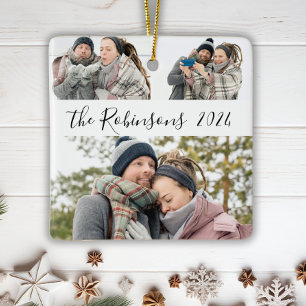 Minimalist 3 Couple Photo Collage Christmas Ceramic Ornament