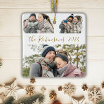 Minimalist 3 Couple Photo Collage Christmas  Ceramic Ornament<br><div class="desc">Modern Simple Elegant Calligraphy Gold White 3 Couple Photo Collage Merry Christmas Script Ceramic Ornament. This festive, minimalist, whimsical three photo holiday Ornament features a pretty grid photo collage and Family name and year! The family name is written in a hand lettered swirly font script in gold on white color...</div>