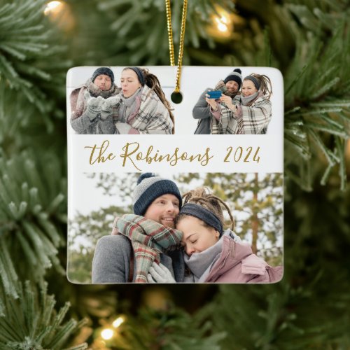 Minimalist 3 Couple Photo Collage Christmas  Ceramic Ornament