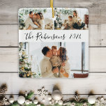 Minimalist 3 Family Photo Collage Christmas  Ceramic Ornament<br><div class="desc">Modern Simple Elegant Calligraphy Black White 3 Family Photo Collage Merry Christmas Script Ceramic Ornament. This festive, minimalist, whimsical three photo holiday Ornament features a pretty grid photo collage and Family name and year! The family name is written in a hand lettered swirly font script in black on white color...</div>