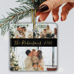 Minimalist 3 Family Photo Collage Christmas  Ceramic Ornament<br><div class="desc">Modern Simple Elegant Calligraphy Black Gold 3 Family Photo Collage Merry Christmas Script Ceramic Ornament. This festive, minimalist, whimsical three photo holiday Ornament features a pretty grid photo collage and Family name and year. The family name is written in a hand lettered swirly font script in gold on black color...</div>