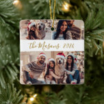 Minimalist 3 Family Photo Collage Christmas  Ceramic Ornament<br><div class="desc">Modern Simple Elegant Calligraphy Gold White 3 Family Photo Collage Merry Christmas Script Ceramic Ornament. This festive, minimalist, whimsical three photo holiday Ornament features a pretty grid photo collage and Family name and year! The family name is written in a hand lettered swirly font script in gold on white color...</div>