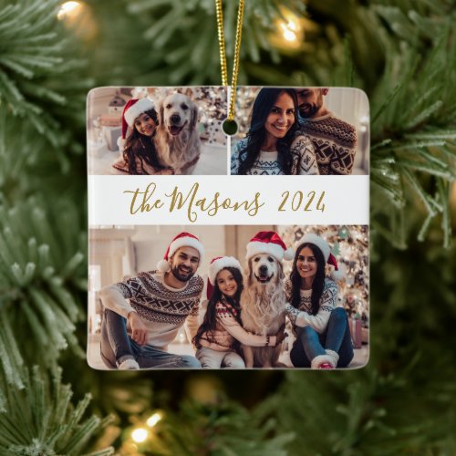 Minimalist 3 Family Photo Collage Christmas  Ceramic Ornament