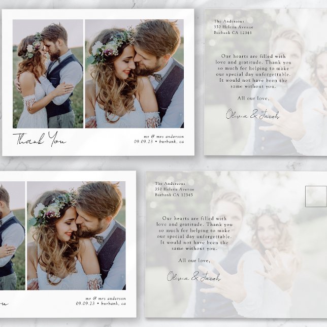 Minimalist 3 Photo Calligraphy Wedding Thank You Postcard (Creator Uploaded)