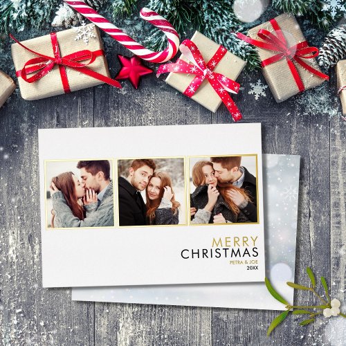Minimalist 3 Photo Collage Christmas Gold Foil Holiday Card