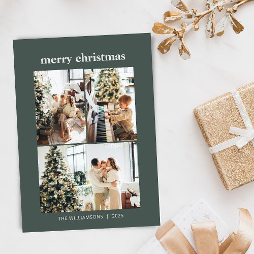 Minimalist 3 Photo Collage Merry Christmas Green Holiday Card