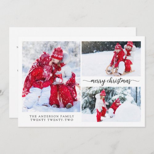 Minimalist 3 Photo Collage Merry Christmas Holiday Card