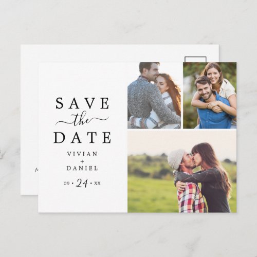 Minimalist 3 Photo Collage Save the Date Invitation Postcard