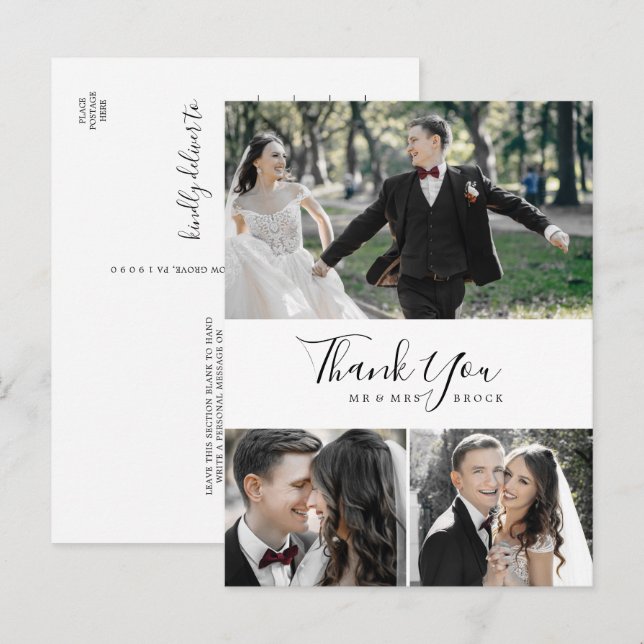 Minimalist 3 Photo Collage Thank You Postcard (Front/Back)