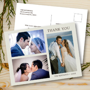 Minimalist 3 Photo Collage Wedding Thank You Announcement Postcard