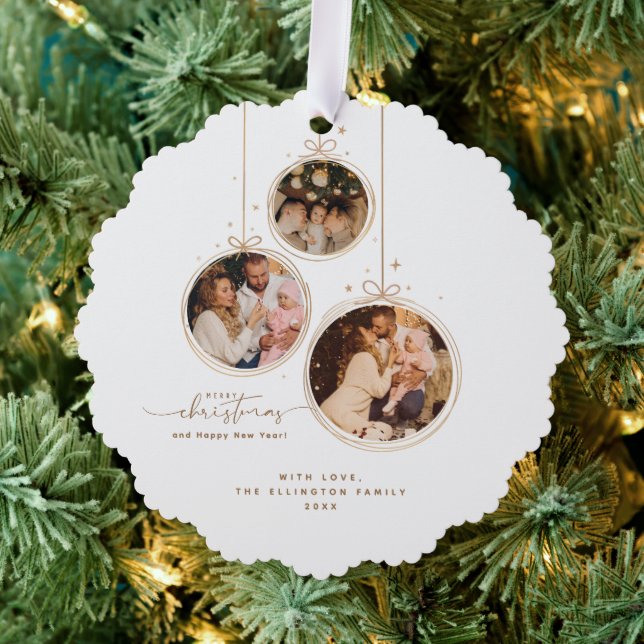 Minimalist 3-Photo Family Merry Christmas Holiday Ornament Card (Insitu (Tree))
