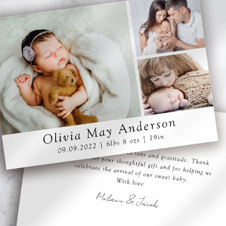 Minimalist 3 Photo New Baby  Thank You Card