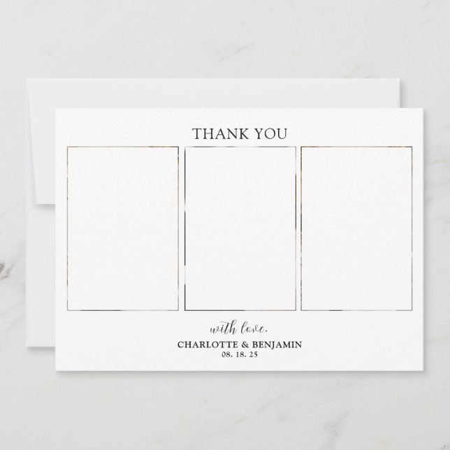 Minimalist 3 Photo Script Wedding  Thank You Card (Front)
