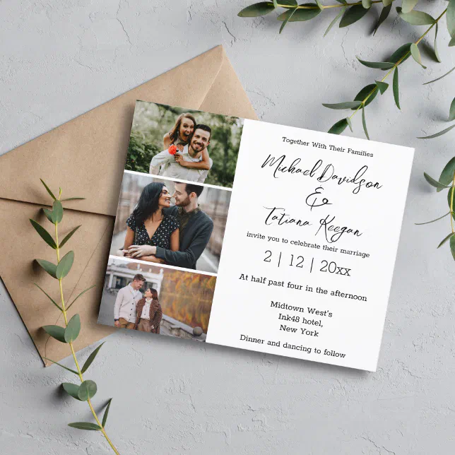 Minimalist 3 Photos Collage Wedding Invitation 