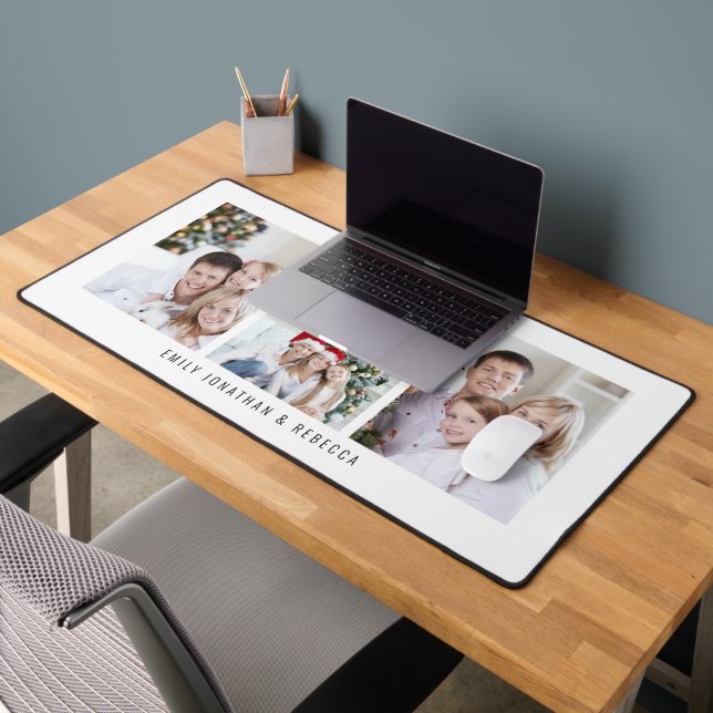 Minimalist 3 Photos Family Names White Desk Mat (Office 2)