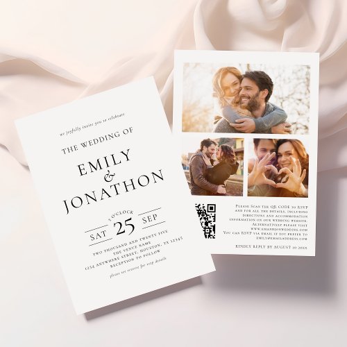 Minimalist 3 Photos on reverse QR Code Wedding Invitation