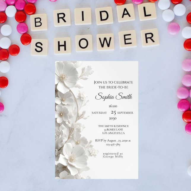 Minimalist 3D White Floral Elegant  Bridal Shower Invitation (Creator Uploaded)