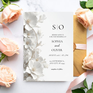 Minimalist 3D White Floral Luxury Elegant Wedding Invitation