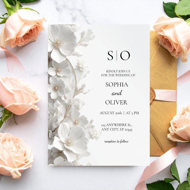 Minimalist 3D White Floral Luxury Elegant Wedding Invitation (Creator Uploaded)