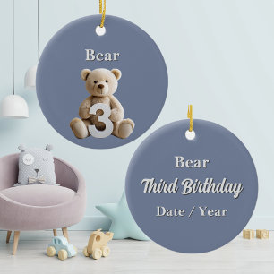 Minimalist 3rd Birthday Blue Teddy Bear Keepsake Ceramic Ornament