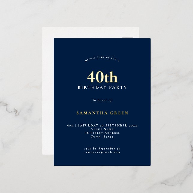 Minimalist 40th Birthday Party Navy Blue Glam Foil Foil Invitation Postcard (Front/Back)
