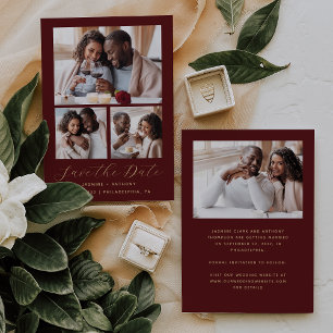 Minimalist 4-Photo Burgundy Gold Save The Date