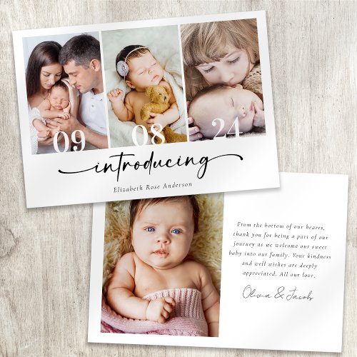 Minimalist 4 Photo Calligraphy New Baby Thank You Card