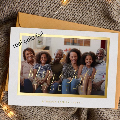Minimalist 4 photo collage gold script Christmas Foil Holiday Card